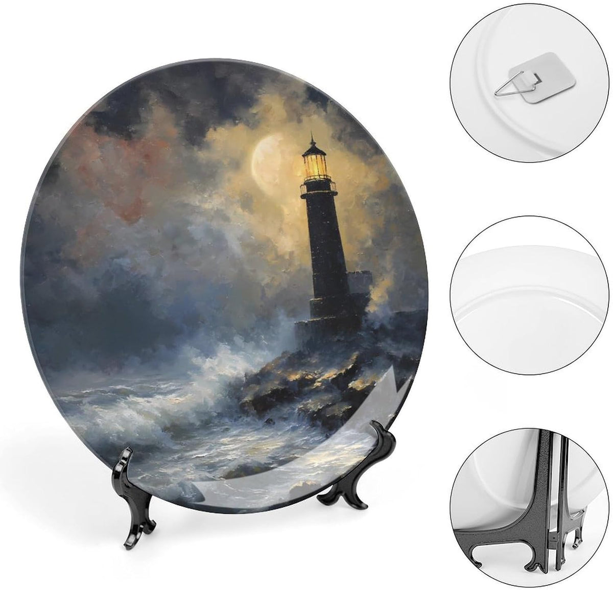 Night Lighthouse Waves Moon Modern Bone China Decorative Plates with Display Stand Ceramic Crafts