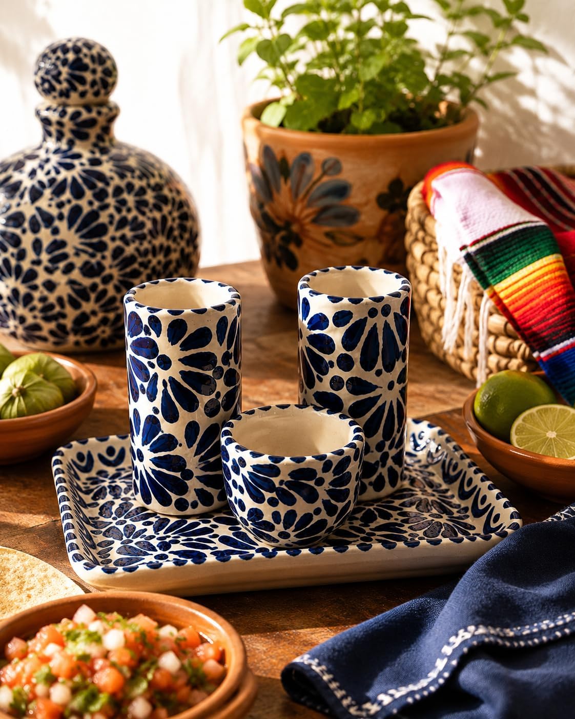 Handmade Mexican Talavera Artisan Decorative Set – 4-Piece Ceramic Ritual Bundle with Plate, 2 Caballito Style Cups & Mezcalero Bowl, Traditional Puebla Pottery, Rustic Bar Display Gift