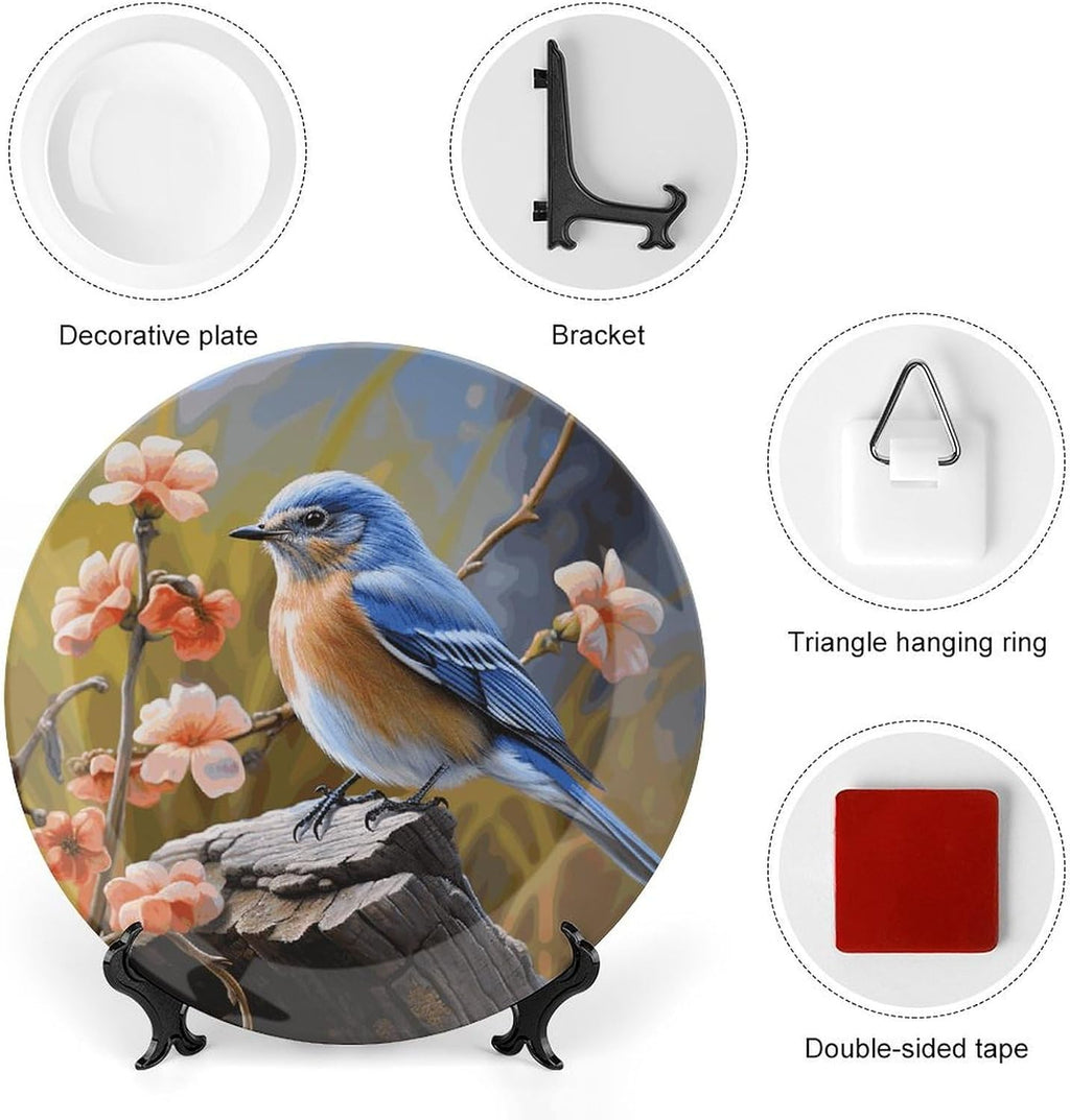 Bone China Decorative Plate Elegant Home Decor Plate Cute Eastern Bluebird Printing Wall Hanging Plate For Home Office Decor