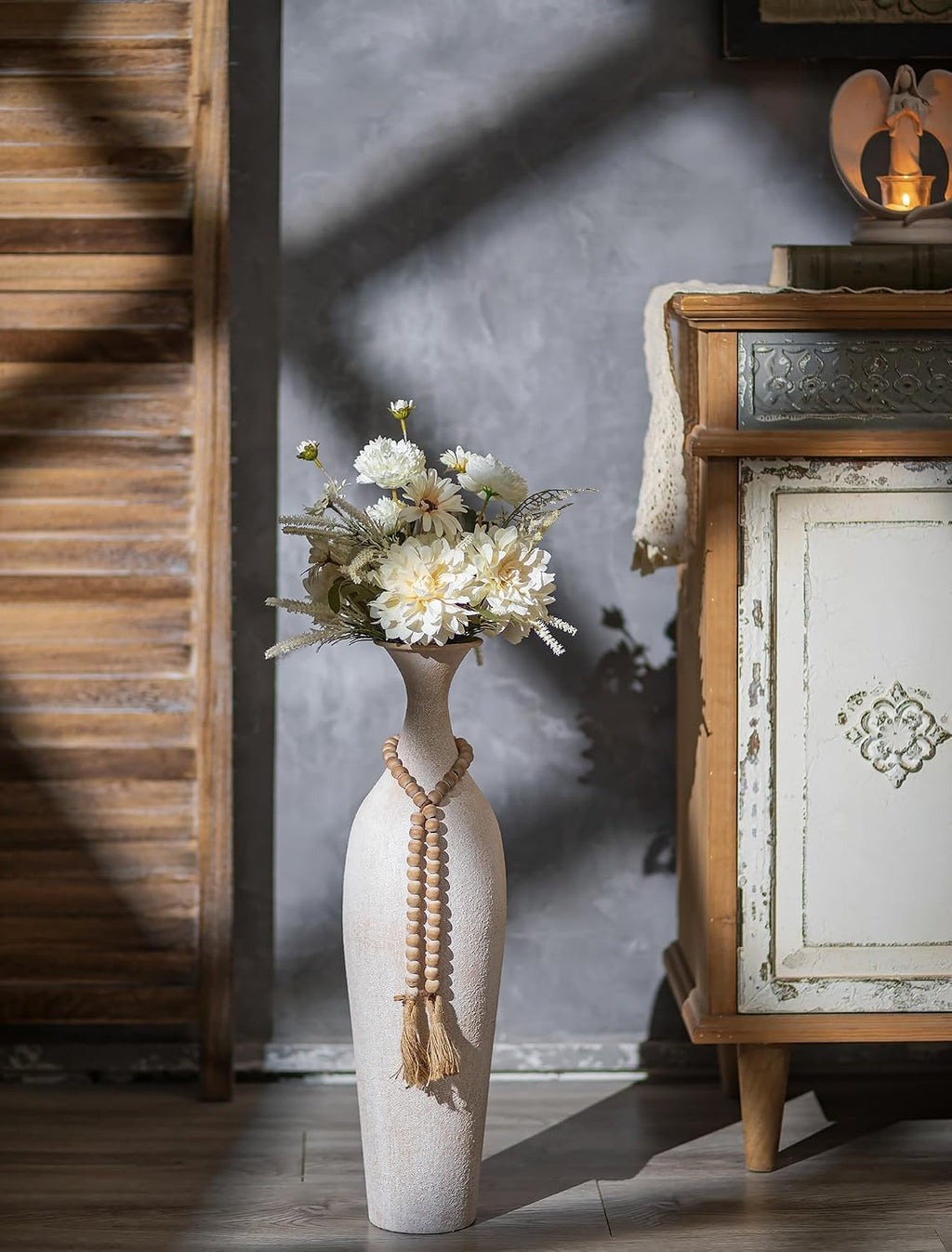 Sziqiqi Metal Tall Floor Vase, Large Boho Vase with Bead for Pampas Grass