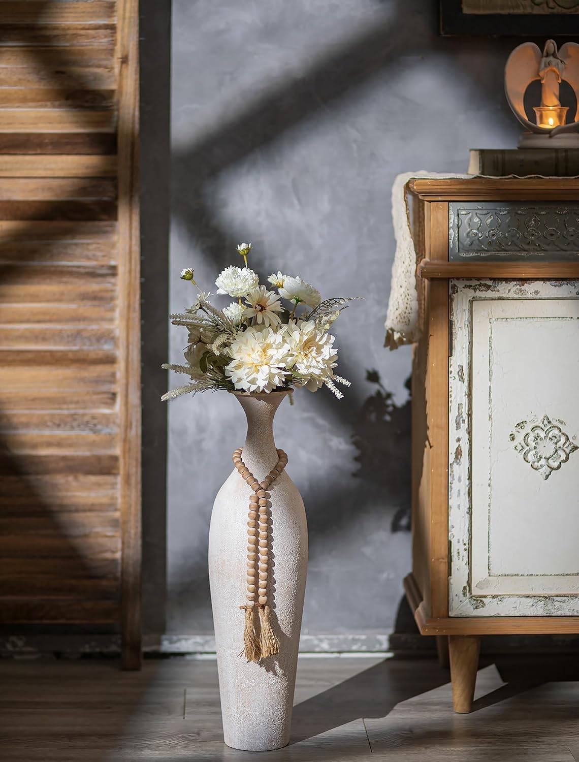 Sziqiqi Metal Tall Floor Vase, Large Boho Vase with Bead for Pampas Grass