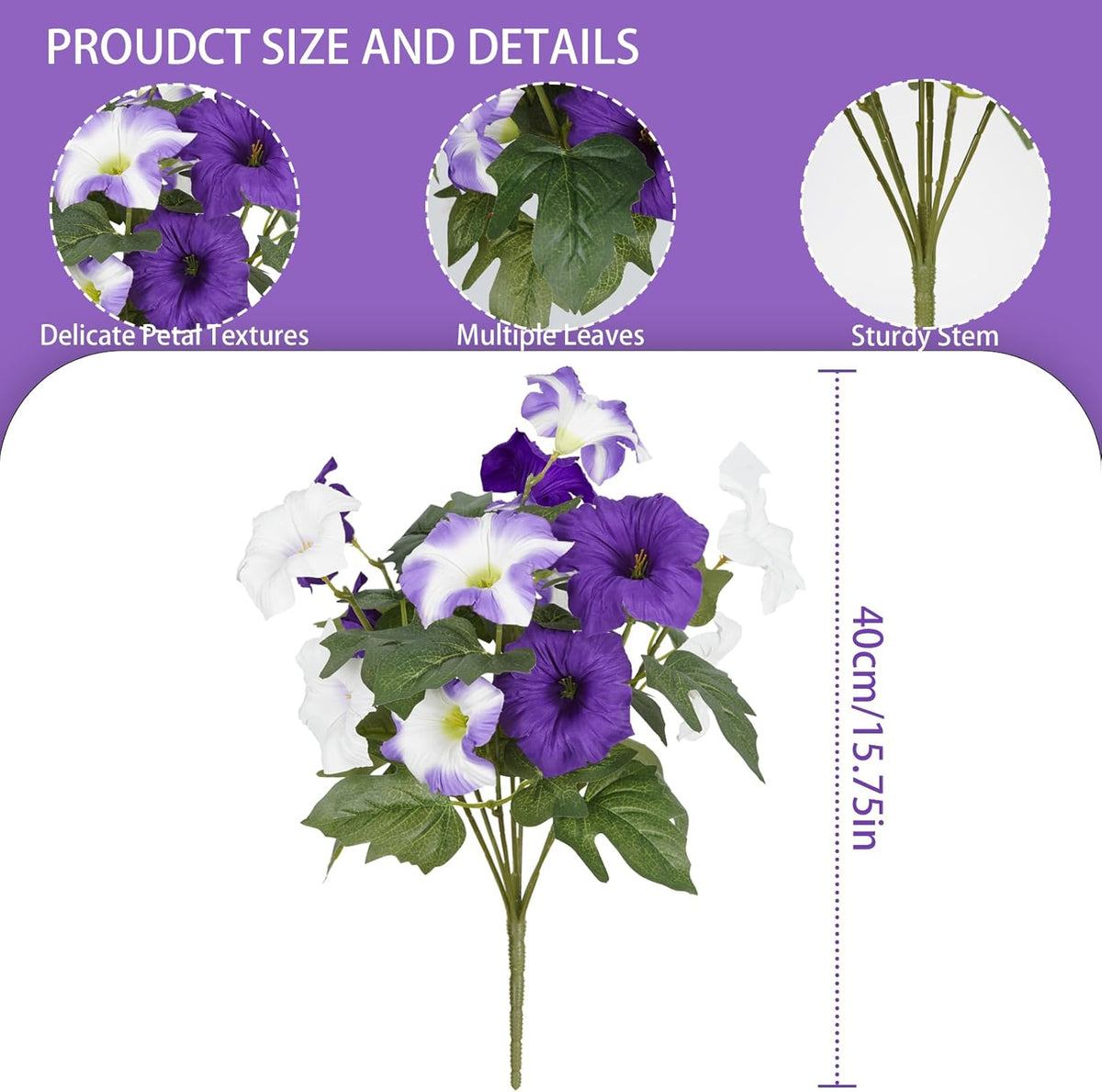 Artificial Flowers for Outdoors, Faux Morning Glory Spring Summer Decoration, Fake Flowers Plants UV Resistant Look Real Silk Flowers for Outside Planter Front Door Porch Patio Yard (12, Purple-White)