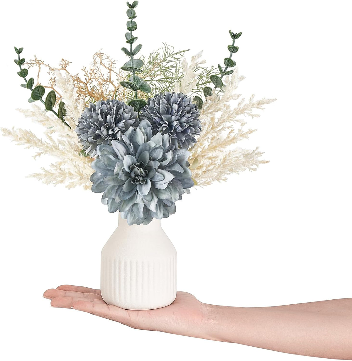 Mkono Fake Flowers in Ceramic Vase, 12.5" Coffee Table Centerpieces, Blue