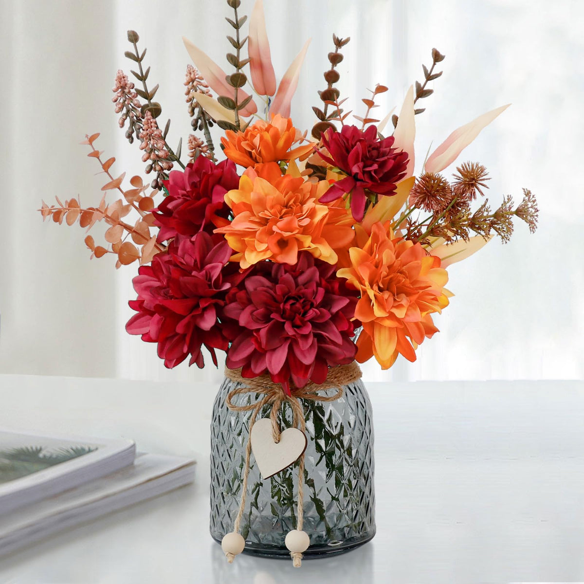 Leftover Fake Flowers with Vase,Silk Dahlia Flowers,Artificial Flowers in Vase,Centerpiece Table Decorations,Flower Centerpieces for Tables,Kitchen Table Decor,Coffee Table Decor