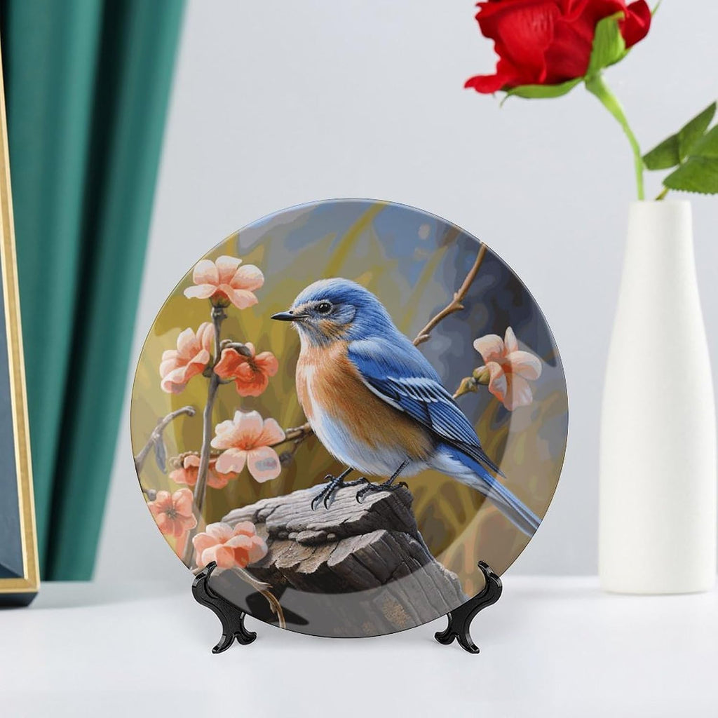 Bone China Decorative Plate Elegant Home Decor Plate Cute Eastern Bluebird Printing Wall Hanging Plate For Home Office Decor