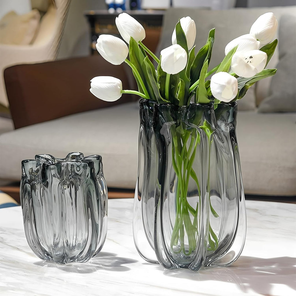 Modern Advanced Grey Black Glass Vase for Flowers, Hand Blown Art Glass Glass vase,Room Decoration and Centerpiece