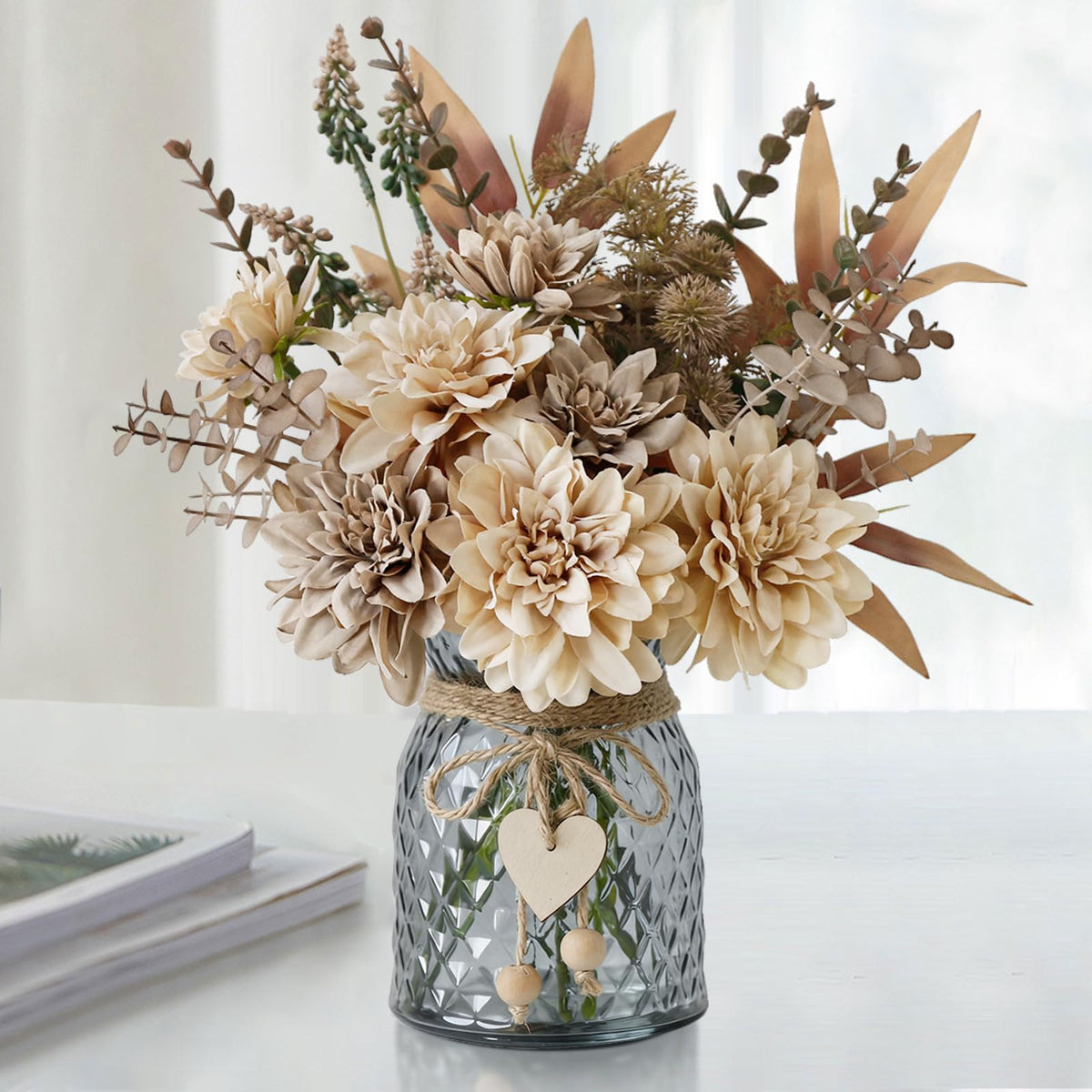 Leftover Fake Flowers with Vase,Silk Dahlia Flowers,Artificial Flowers in Vase,Centerpiece Table Decorations,Flower Centerpieces for Tables,Kitchen Table Decor,Coffee Table Decor