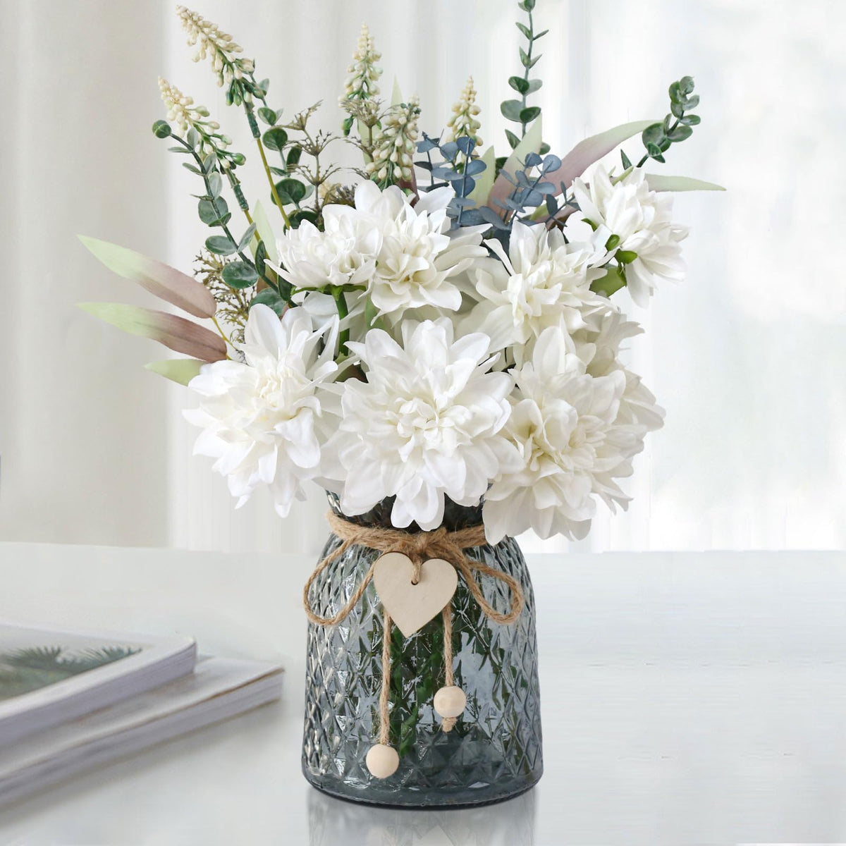Leftover Fake Flowers with Vase,Silk Dahlia Flowers,Artificial Flowers in Vase,Centerpiece Table Decorations,Flower Centerpieces for Tables,Kitchen Table Decor,Coffee Table Decor