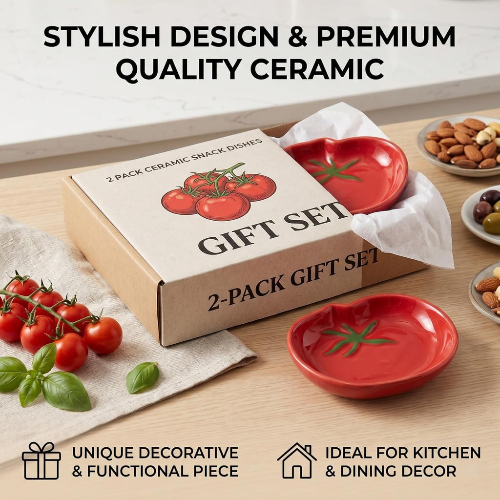 2 Pack Small Ceramic Tomato Pinch Bowls, 4.3 x 3.5 Inch - Food Shaped Spoon Rest, Tiny Condiment Dipping Sauces Dishes for Kitchen Counter, Red Vegetable Theme Decor