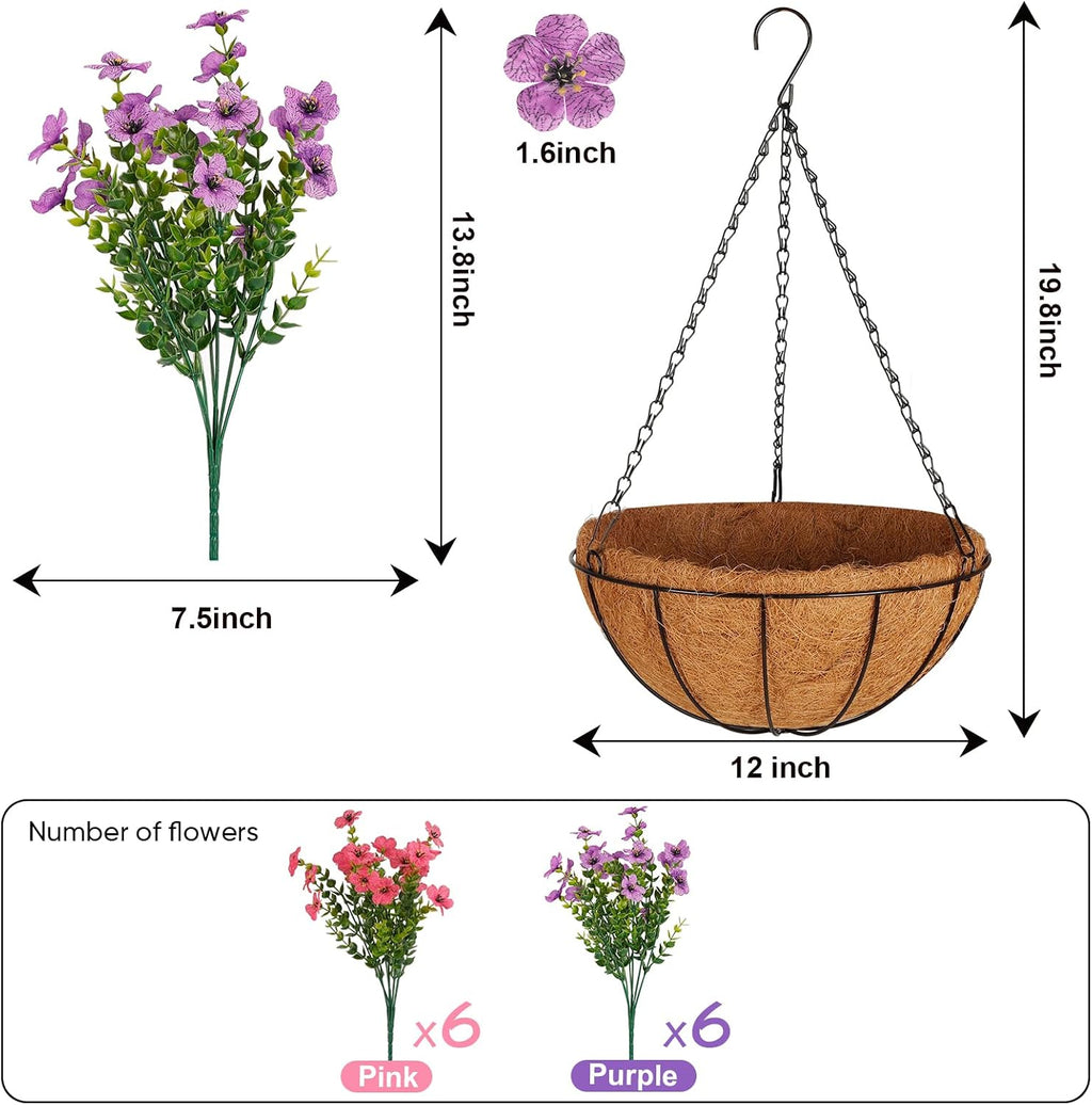 Artificial Outdoors Flowers with Hanging Basket, UV Resistant Fake Hanging Flowers for Spring Summer Decoration, Faux Silk Plants with Planters for Porch Home Patio Balcony Yard (Rose Red, Purple)