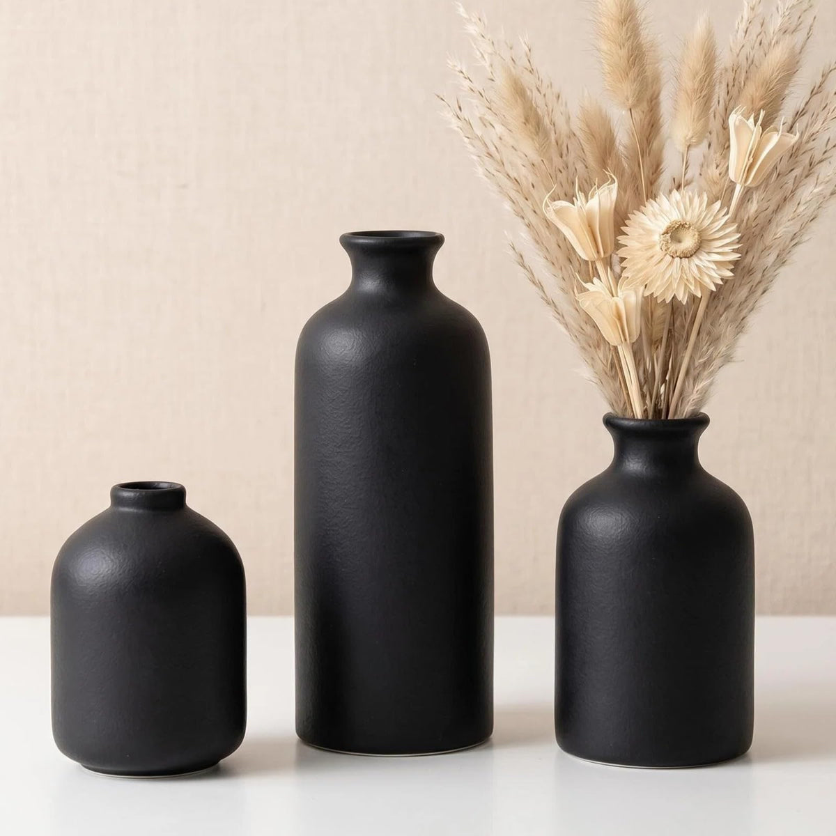 Small Beige Ceramic Vase Set of 3,Modern Boho Farmhouse Flowers Vases