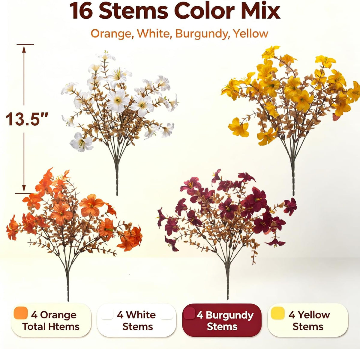 16 Bundles Artificial Fall Flowers, UV Resistant Faux Petunias for Outdoor