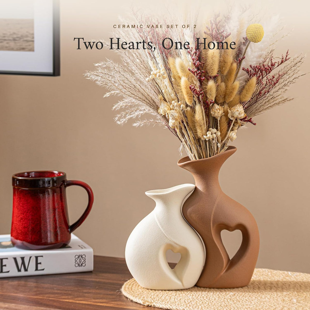 Ceramic Vase Set of 2, Heart Vases for Home Decor, Wedding Gift for Couples