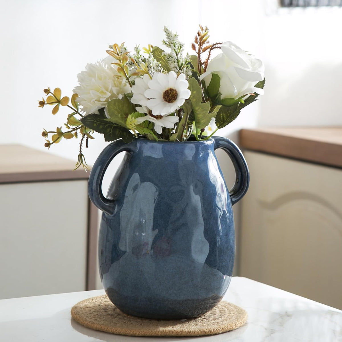 Blue Ceramic Vase with 2 Handles, Modern Farmhouse Vases for Home Decor, Rustic Pottery Vase, Decorative Terracotta Vases for Pampas Grass, Clay Jug for Living Room Dining Table Shelves