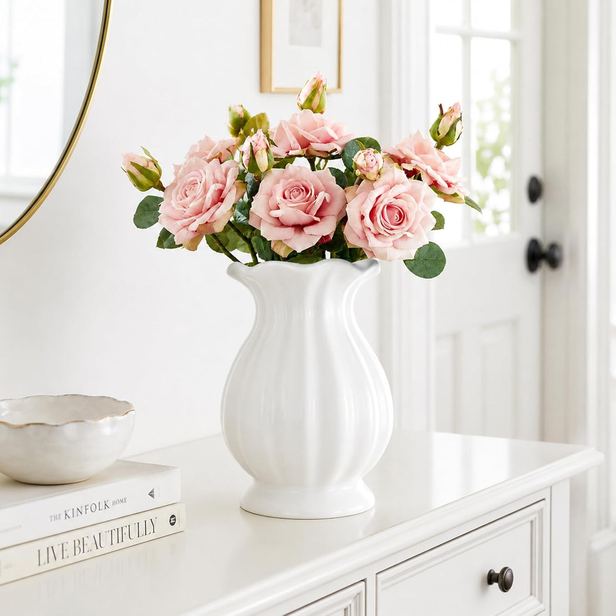 White Ceramic Vase, 7.8 Inch Farmhouse Flower Vase for Home Decor