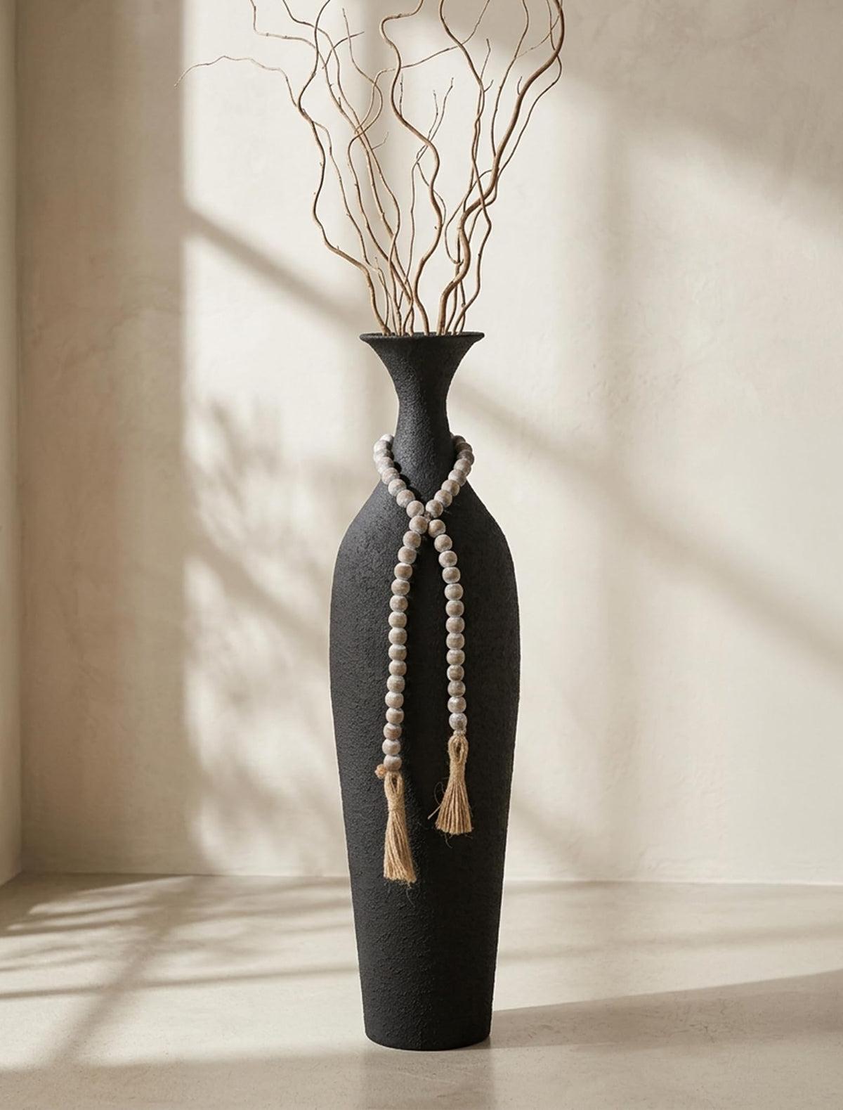 Sziqiqi Metal Tall Floor Vase, Large Boho Vase with Bead for Pampas Grass