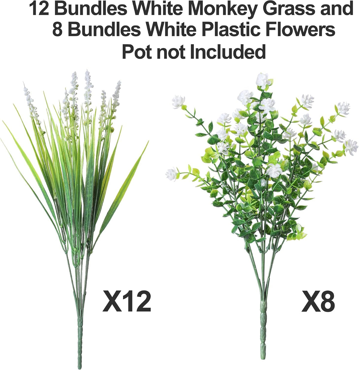 HyeFlora 20 Bundles Artificial Fake Outdoor Plants Flowers for Spring Decoration, UV Resistant Realistic White Plastic Flowers Faux Plant Monkey Grass for Planter Home Garden Porch Patio Window Box