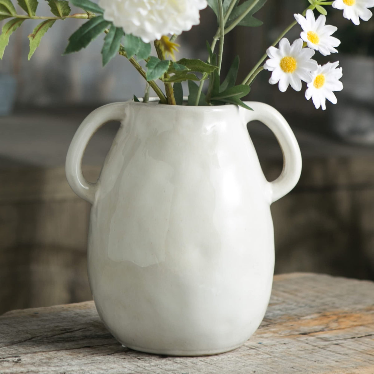 Tanvecle Brown Ceramic Vase with Handles, 7" Modern Farmhouse Decor