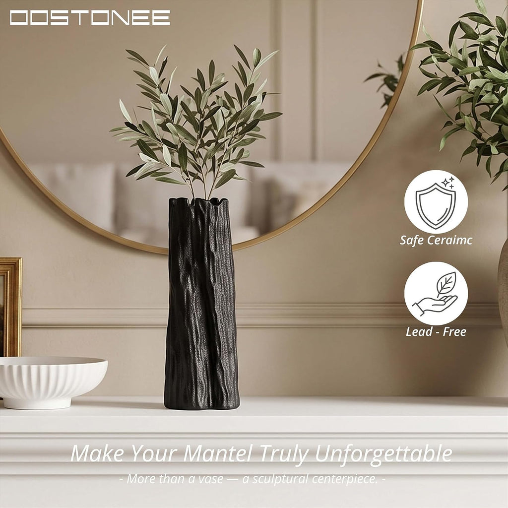 Black Unique Ceramic Vase - Organic Nature Shape for Home Decor, Ceramic Flower Vase for Living Room, Entryway Table Decor, Bookshelf Decor (10.7 inch)