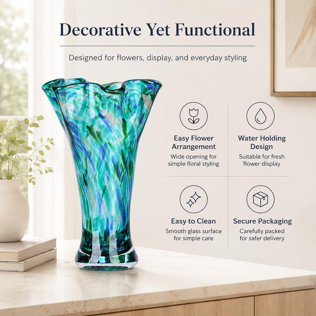 LCCCK 9.0" H Teal Glass Vases for Flower, Unique Hand Blown Glass Vase
