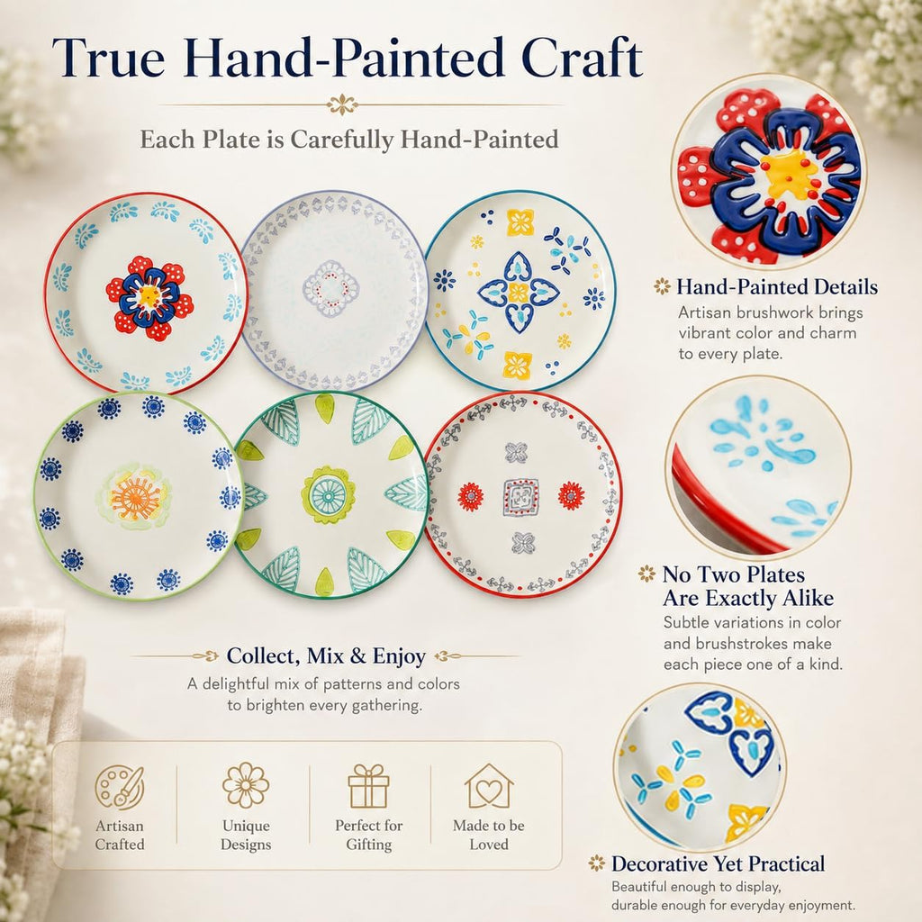 UniqueLife CINAIMPRESSION Hand Painted Ceramic Plates Set of 6, 6 Inch Mixed Design Dessert Plates