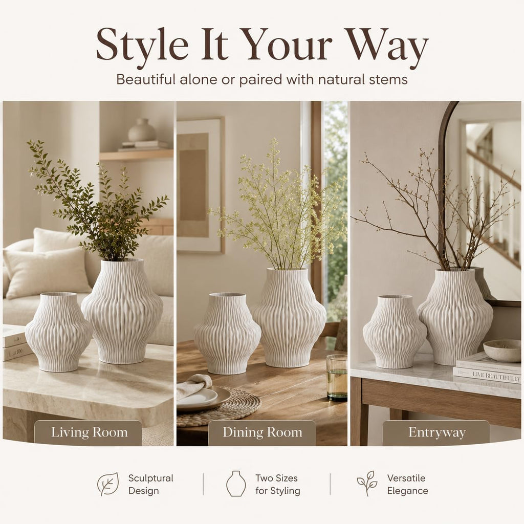 Set of 2 White Ceramic Vases, Ivory Pleated Sculptural Flower Vases