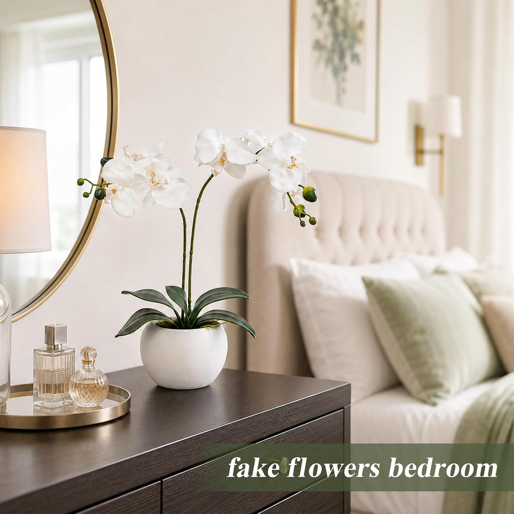 Artificial Flowers Indoor, White Fake Orchid in Pot