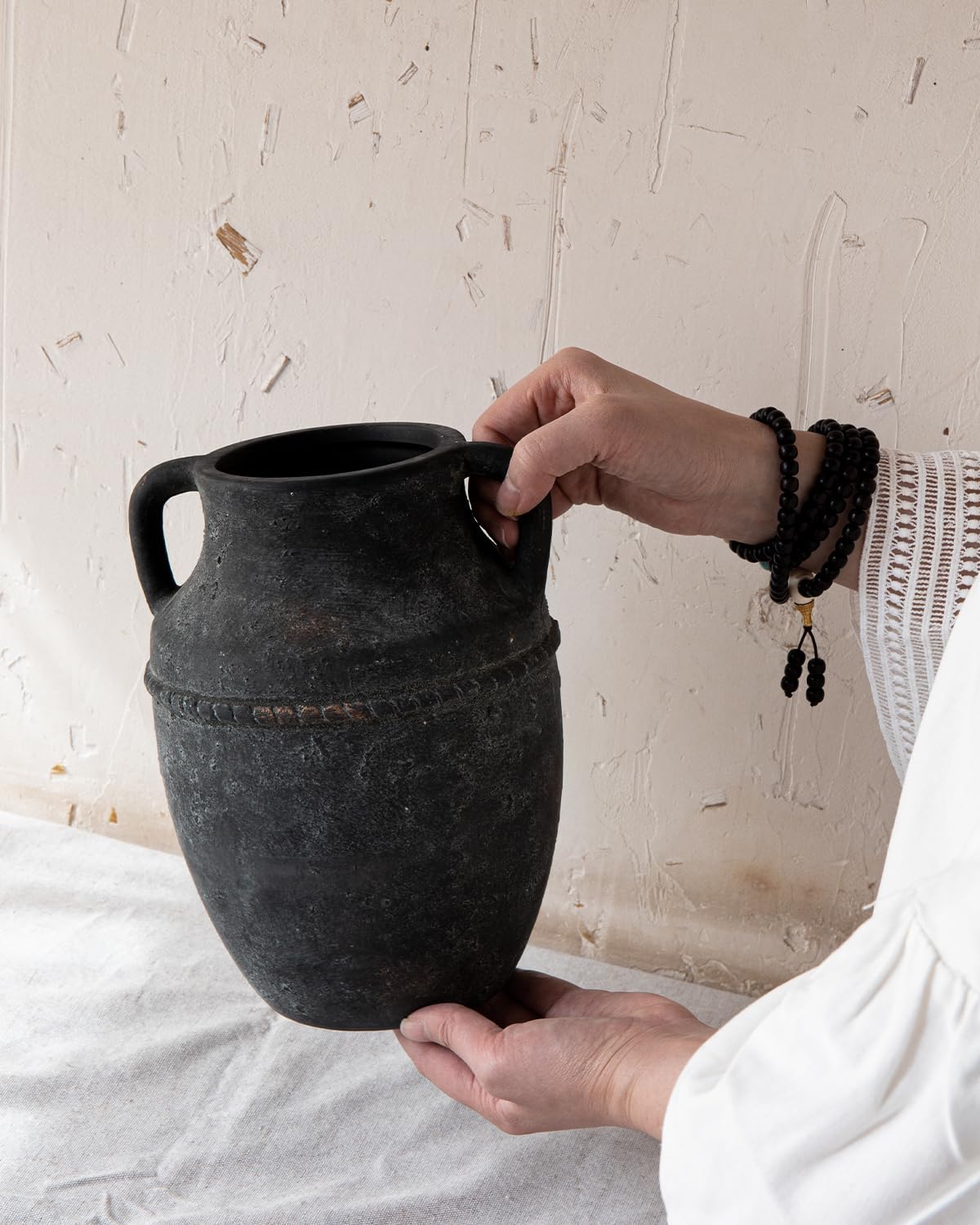 9" Vintage Ceramic Vase with Handles, Rustic Farmhouse Home Decor