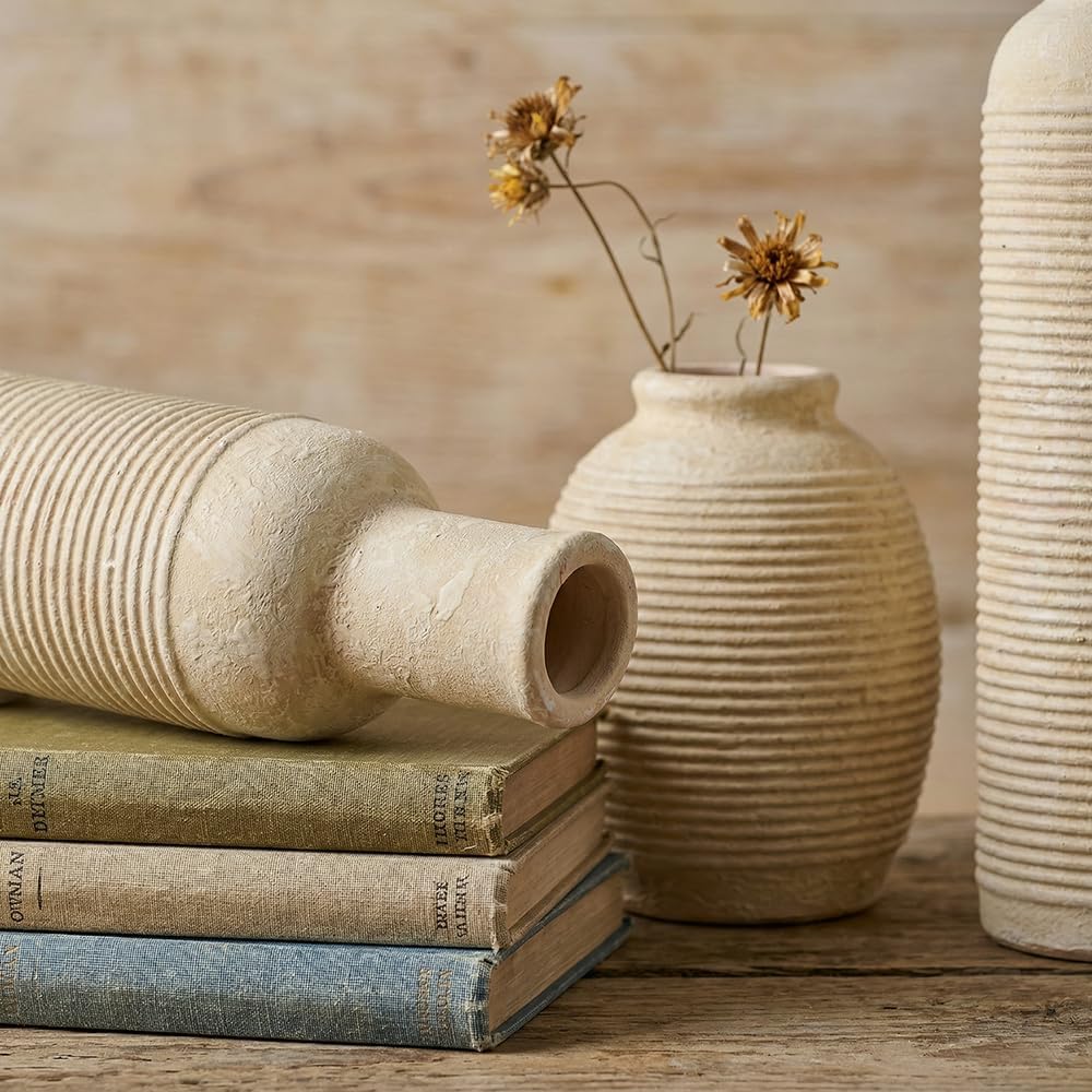 Rustic Farmhouse Vase Set of 3 - Ceramic Decorative Vases Home Decor - Pampas Grass Dried Fresh Flowers - for Centerpiece, Table, Mantel Entryway, Kitchen, Bedroom (White2)