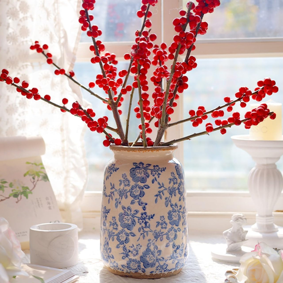 Ronasip Vintage Blue and White Chinoiserie Ceramic Vase, 6.9” Hand-Painted Peony Floral Design, Antique Style Vases for Home Decor, Centerpieces, Living Room, Balcony (Blue and White)