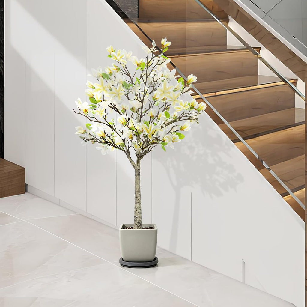 4FT Faux Magnolia Tree in Black Pot, White Artificial Plant for Home, Room