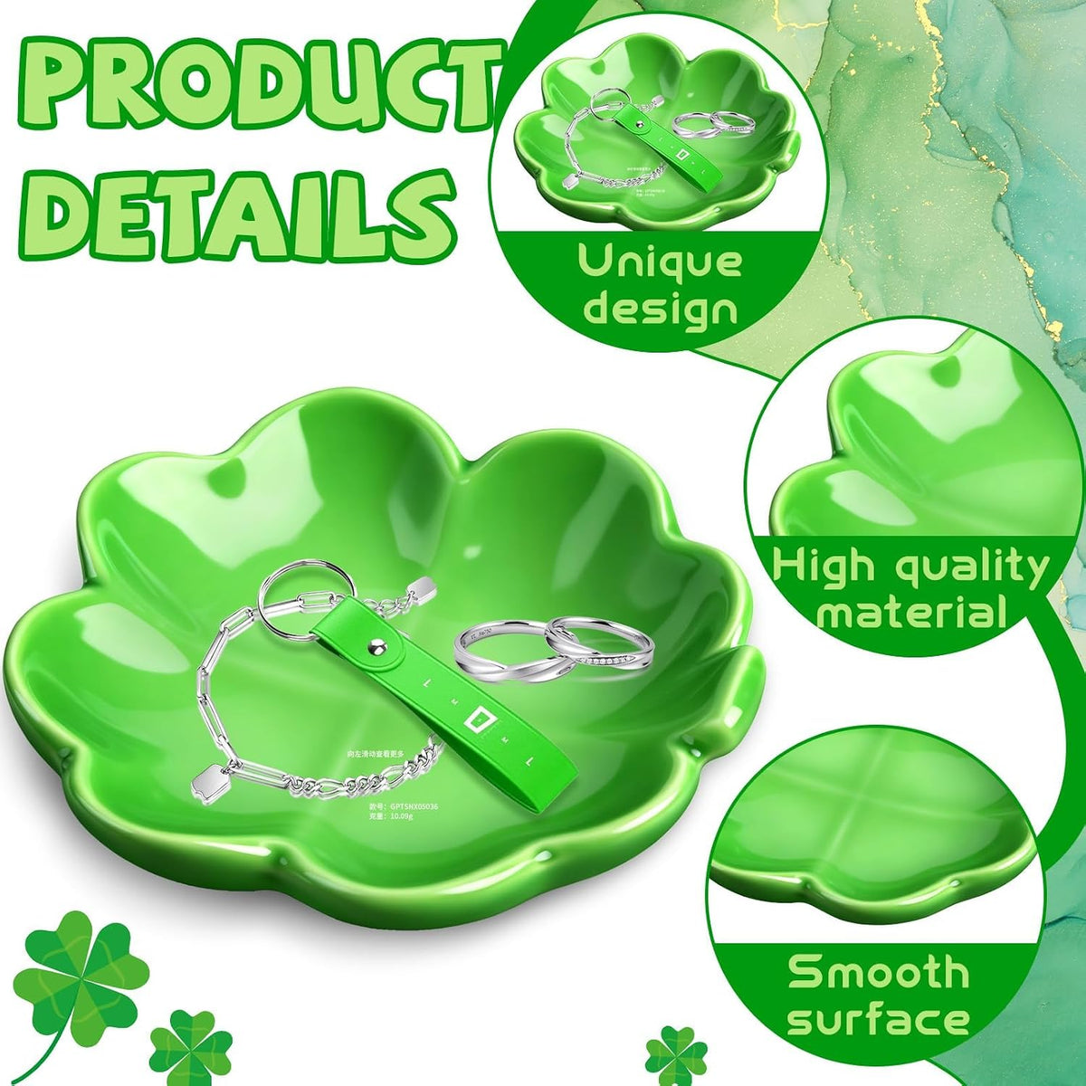 St. Patrick's Day Four-Leaf Clovers Ceramic Tray St. Patrick's Day Green Leaf Ring Dish for Irish Shamrock Accessories Irish Festival Party Supplies