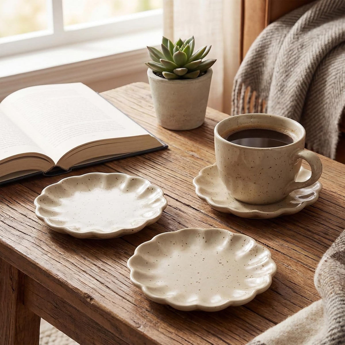 4 Pcs Ceramic Cup Coasters, Scalloped 4.5" Speckled
