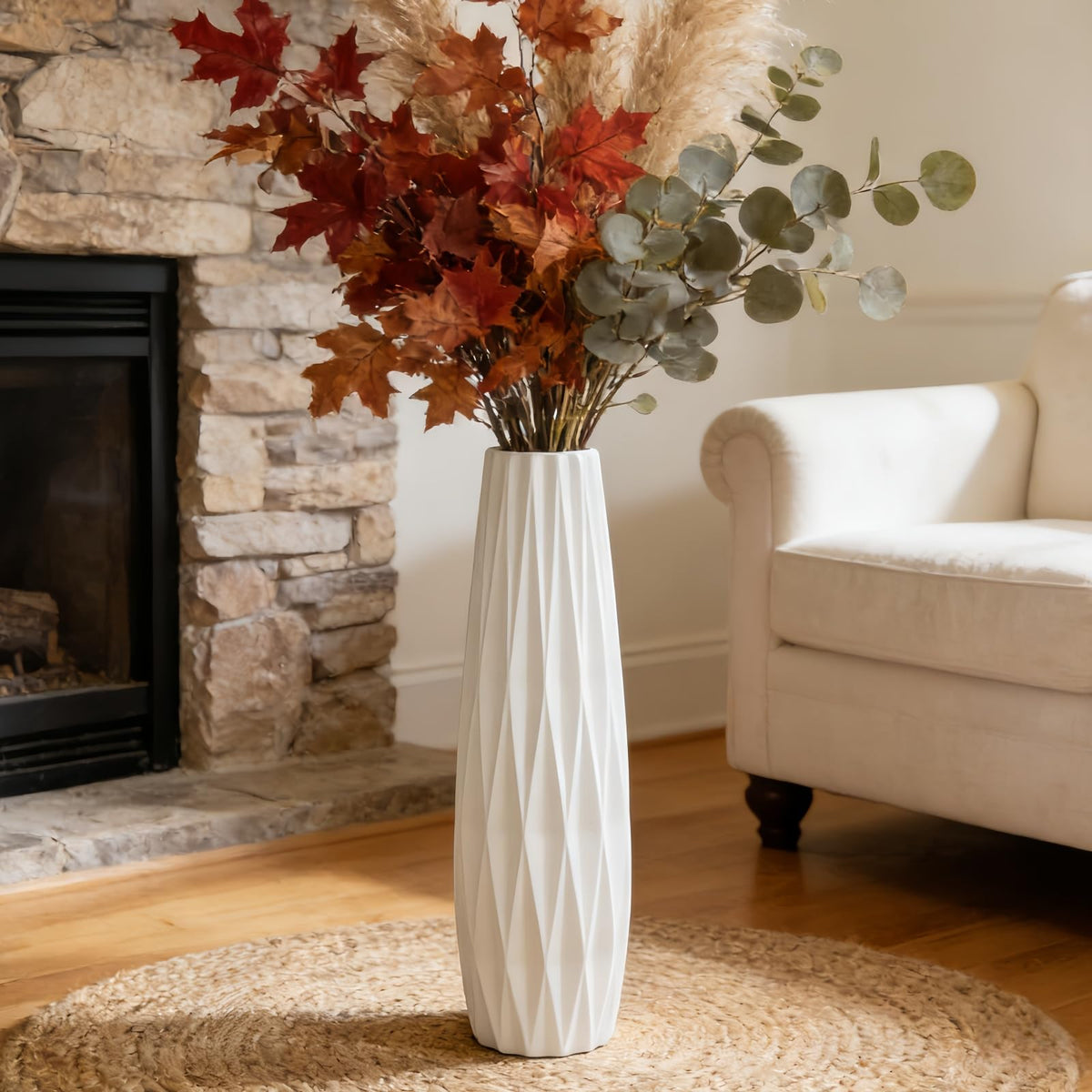 Large White Ceramic Vase, 17.7" Tall Floor Vase for Pampas Grass