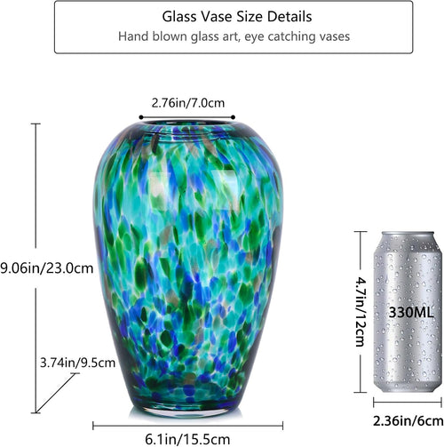 9" Tall Teal Vase Hand Blown Glass Vase, Unique Turquoise Glass Vases Modern Home Centerpieces, Wide Mouth Flower Vases for Bouquet, Living Room, Kitchen, Wedding, Dining Table Center