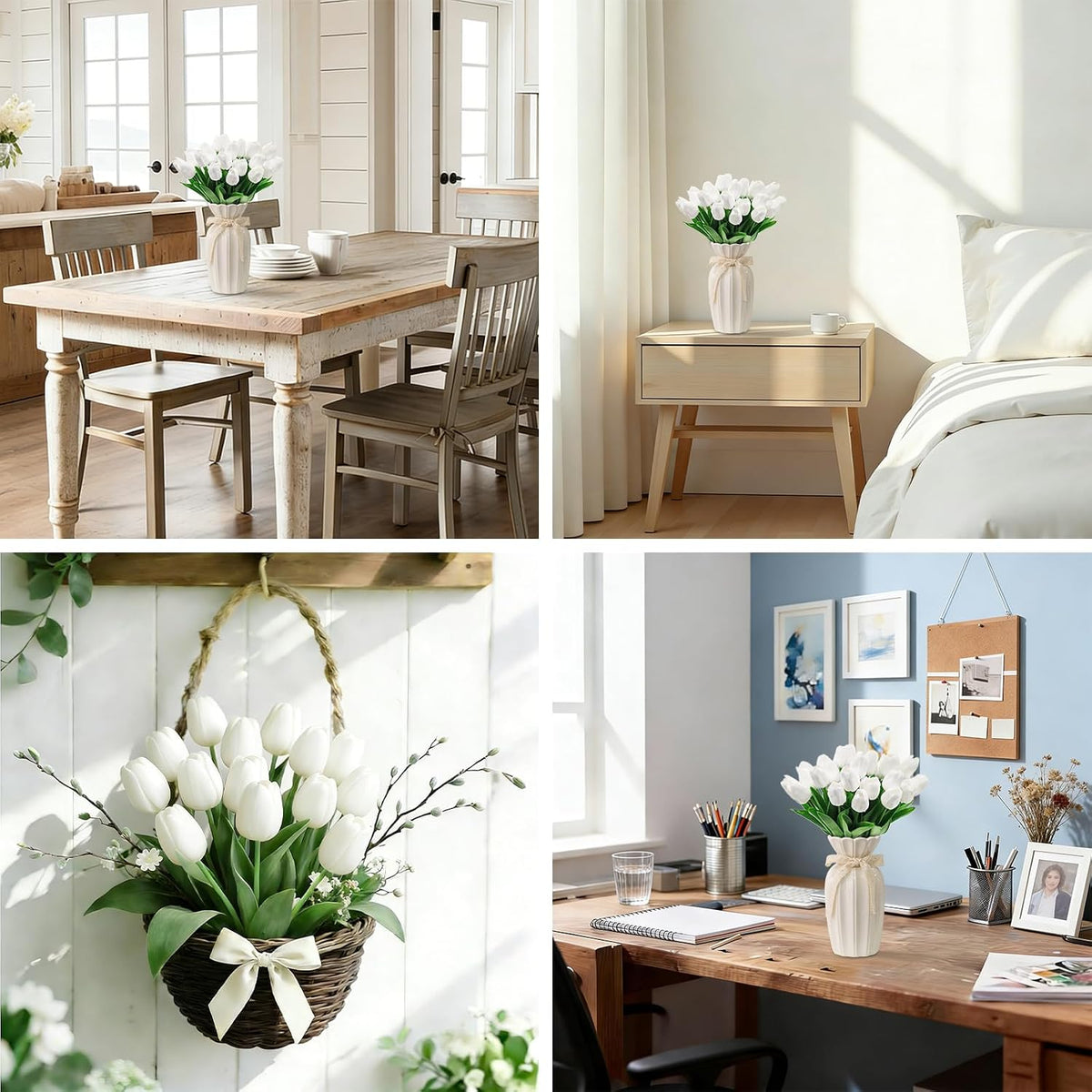25Pcs Artificial Tulips, Real Touch Faux Tulips Artificial Flowers (White)