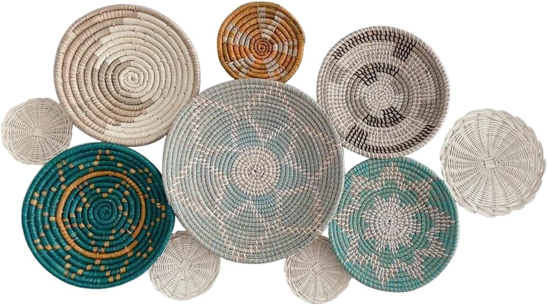 Wicker Basket Wall Decor Set of 10 with Loops, Seagrass, Handmade