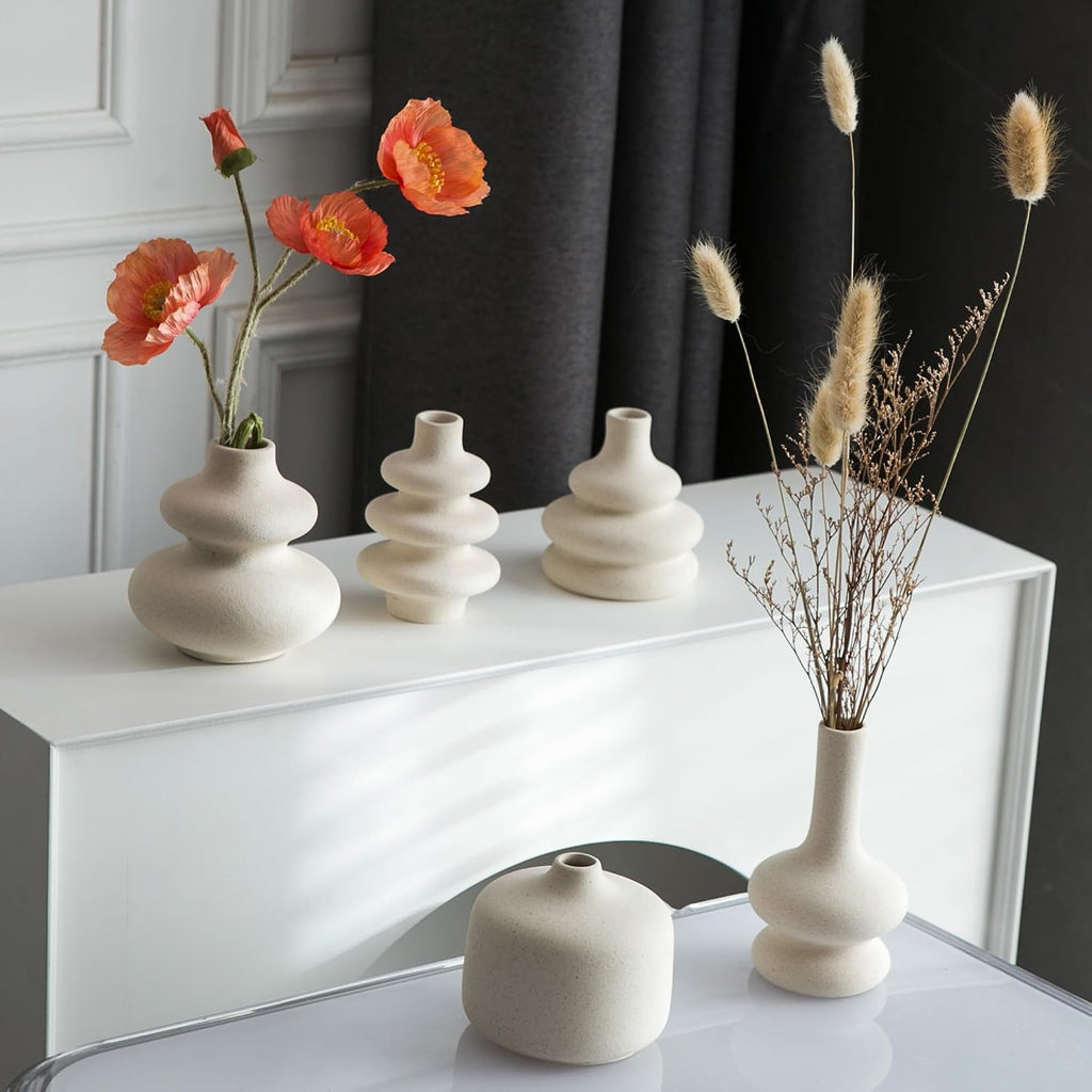 JOJUNO White Bud Vases, Small Ceramic Vase Set of 5 Modern Home Decor