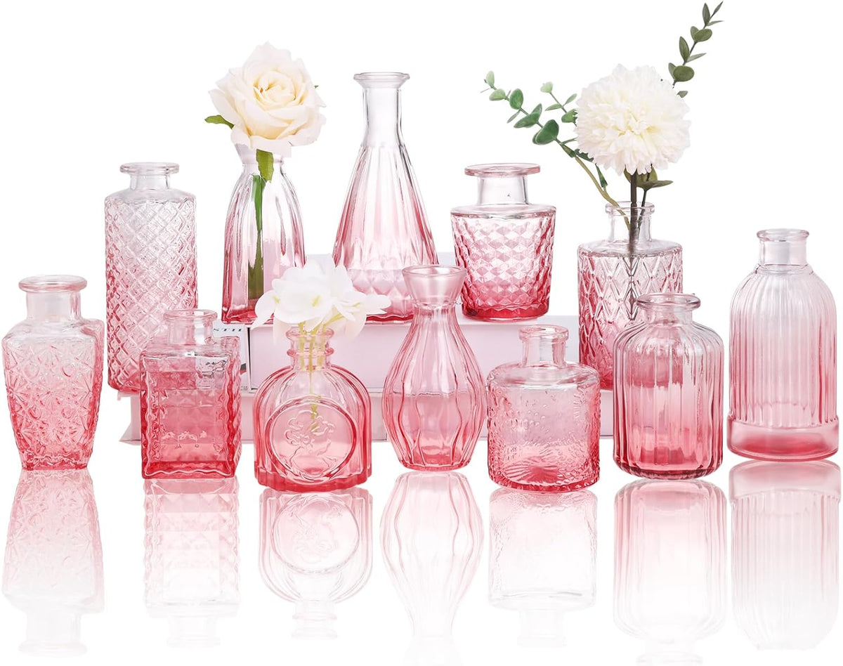 CUCUMI 12pcs Bud Vases for Centerpieces, Pink Glass Vase Set