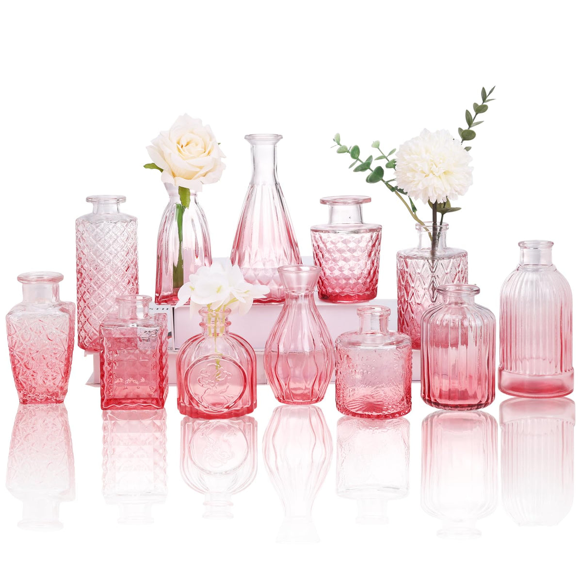 CUCUMI 12pcs Bud Vases for Centerpieces, Pink Glass Vase Set