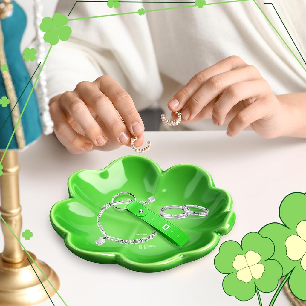 St. Patrick's Day Four-Leaf Clovers Ceramic Tray St. Patrick's Day Green Leaf Ring Dish for Irish Shamrock Accessories Irish Festival Party Supplies