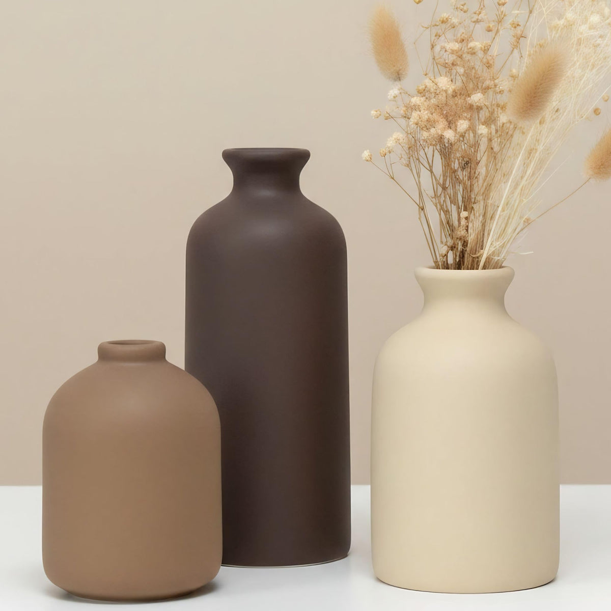 Small Beige Ceramic Vase Set of 3,Modern Boho Farmhouse Flowers Vases