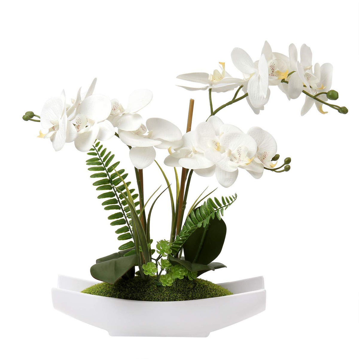 Briful 15" White Faux Orchid Arrangement in Silver Boat Pot Table Decor