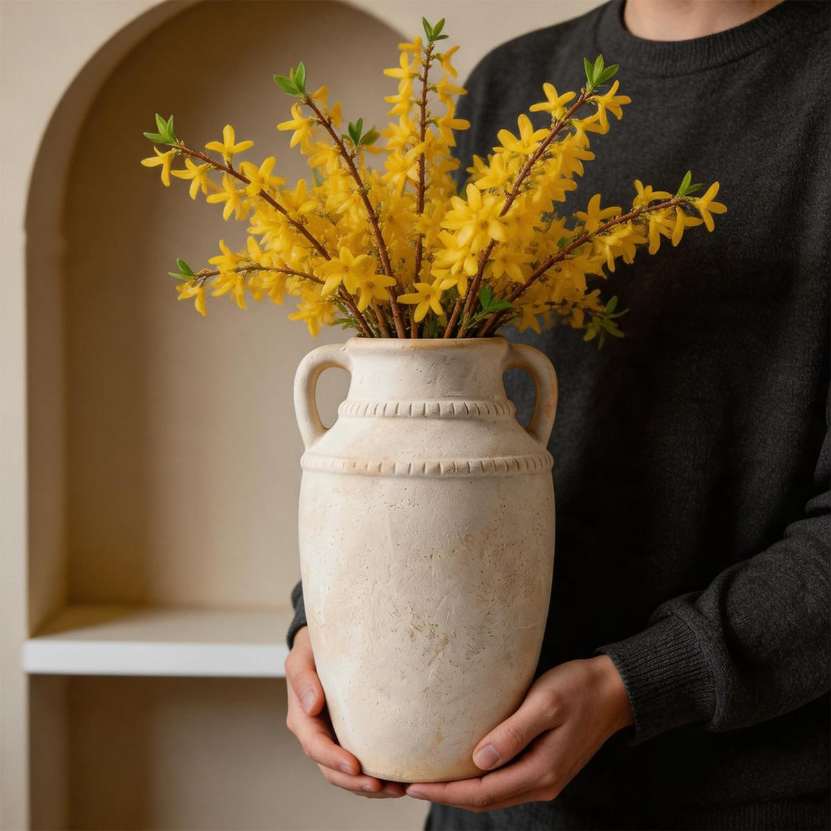 Ceramic Flower Vase, 10.2" Rustic Farmhouse Vase for Home Decor, Glazed Pottery Vase for Fresh Flowers, Pampas Grass, Coffee Table, Dining Table, Mantel and Bookshelf