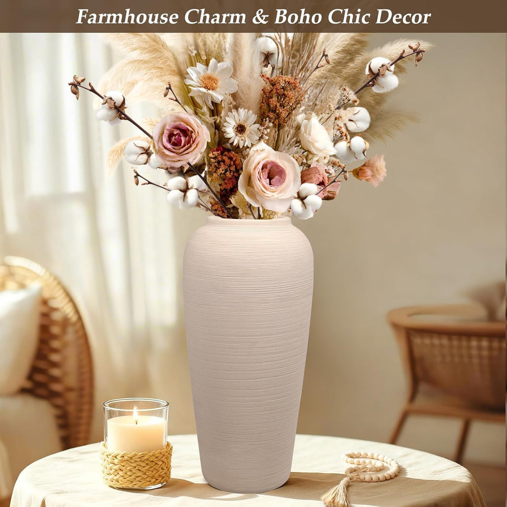 Tall Ceramic Vase 12 Inch Neutral Textured Vase,Cream Vase for Home Decor
