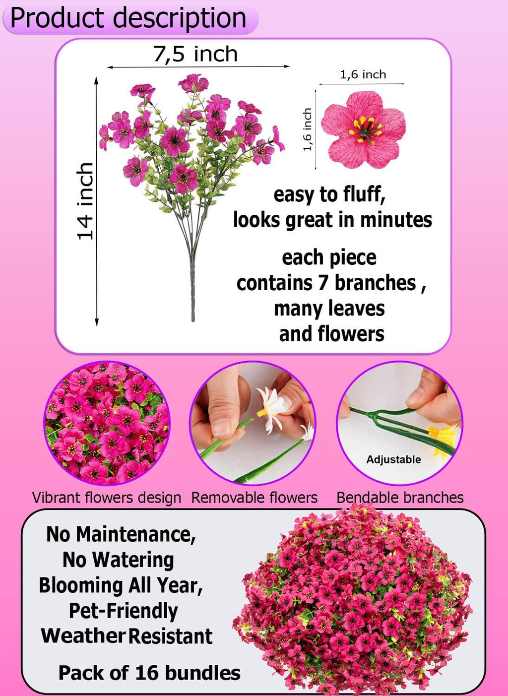 AXYLEX Artificial Flowers for Outdoors, 16 Bundles Fake Plants (Red)