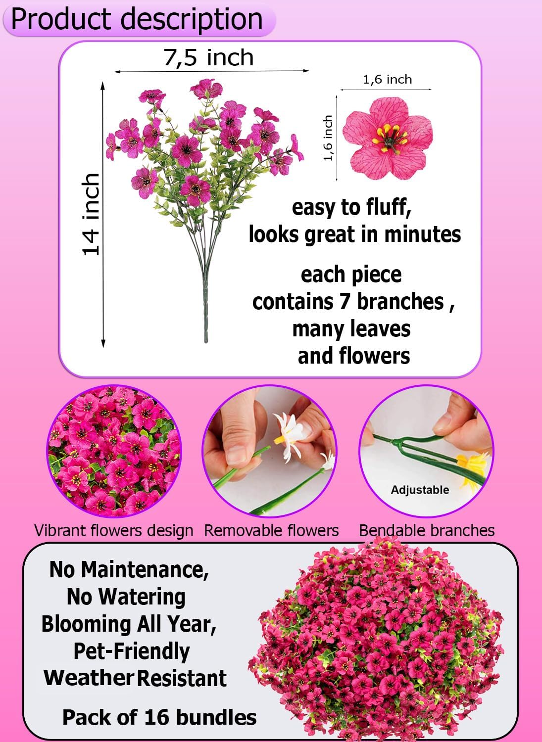 AXYLEX Artificial Flowers for Outdoors, 16 Bundles Fake Plants (Red)