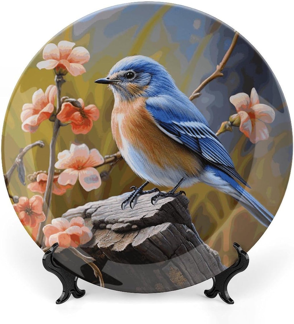 Bone China Decorative Plate Elegant Home Decor Plate Cute Eastern Bluebird Printing Wall Hanging Plate For Home Office Decor