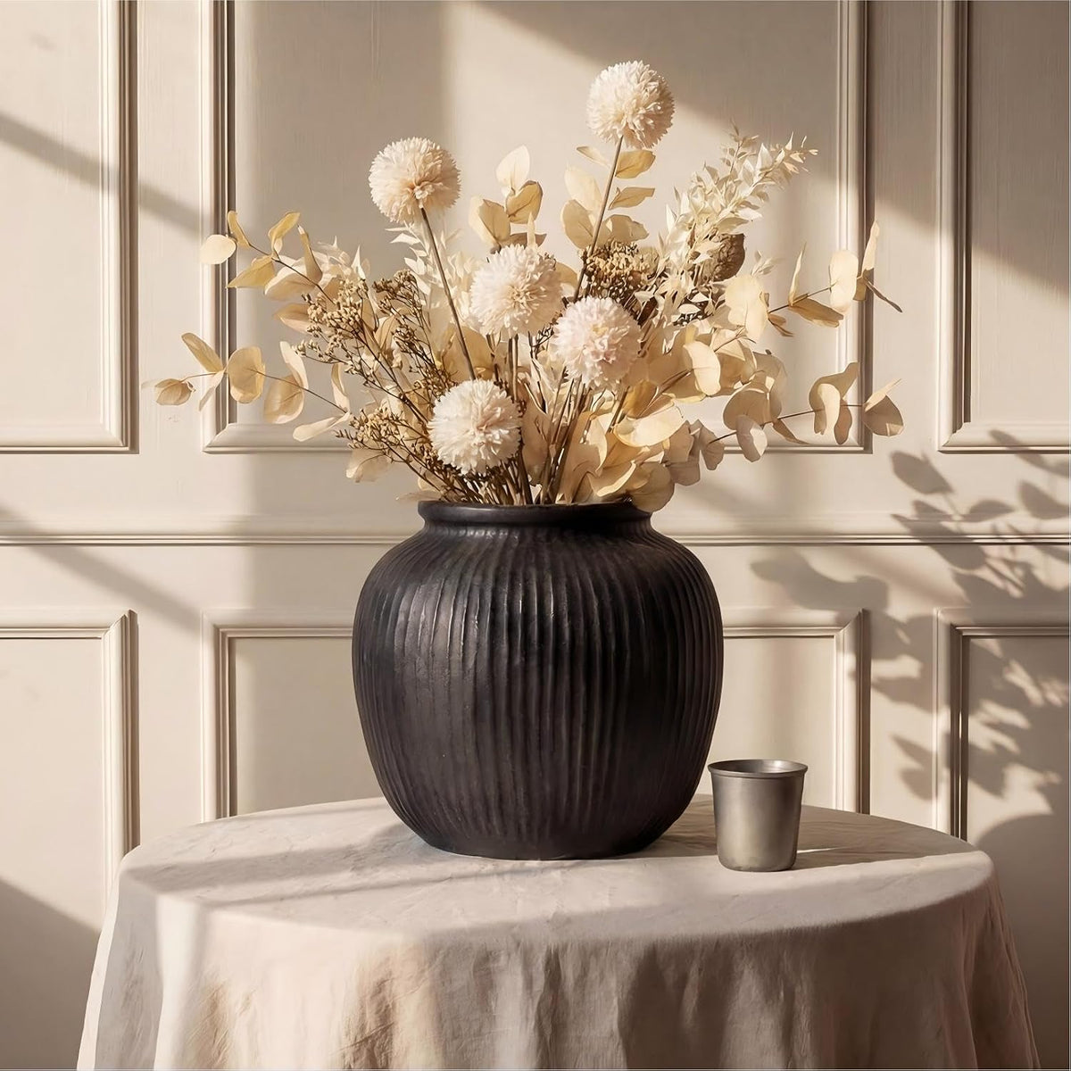 Oakrain Large Vase with Vertical Ribbed Texture, 11" Black Round Vase