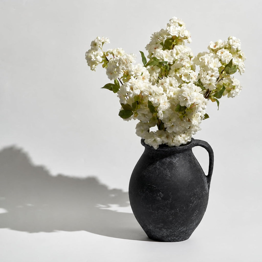 LB2 Black Ceramic Large Vase, 11.2" Tall Zen Style Vase, Terra Cotta Pitcher, Distressed Farmhouse Decor, Pottery Decorative Flower for Home Decor (D - Black 11.2")